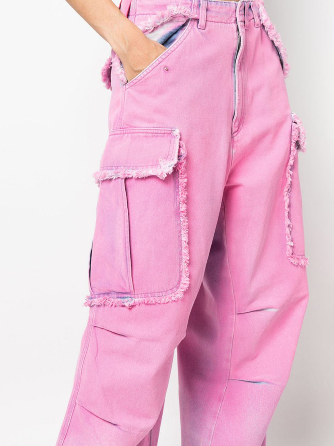 pink frayed cargo-style jeans